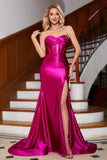 Sparkly Fuchsia Corset Prom Dress with Slit Mermaid Strapless Party Dress